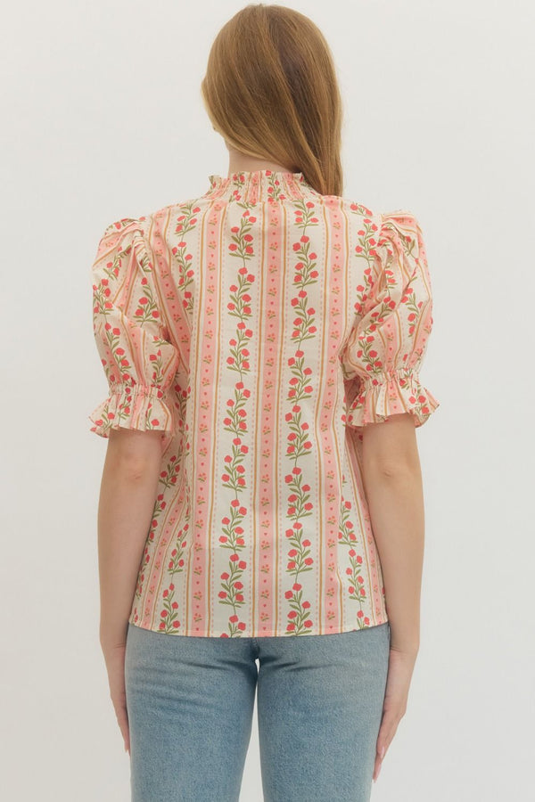 Floral Stripe Puff Sleeve Top- Red