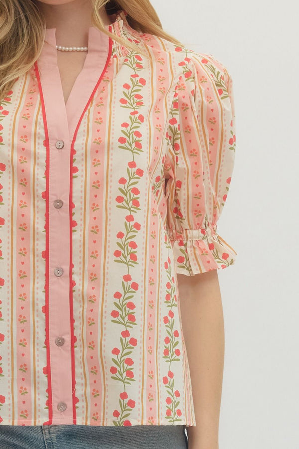Floral Stripe Puff Sleeve Top- Red