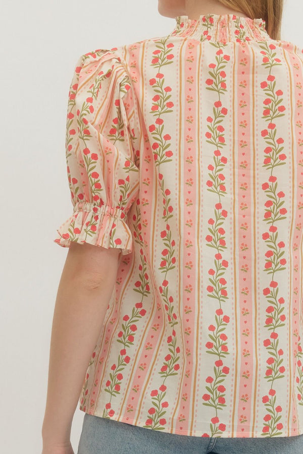 Floral Stripe Puff Sleeve Top- Red