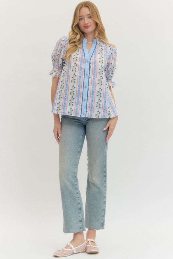 Floral Stripe Puff Sleeve Top- Blue