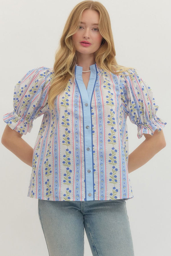 Floral Stripe Puff Sleeve Top- Blue