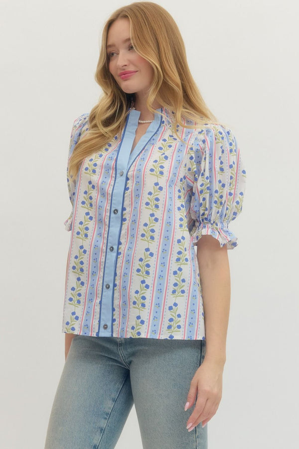 Floral Stripe Puff Sleeve Top- Blue
