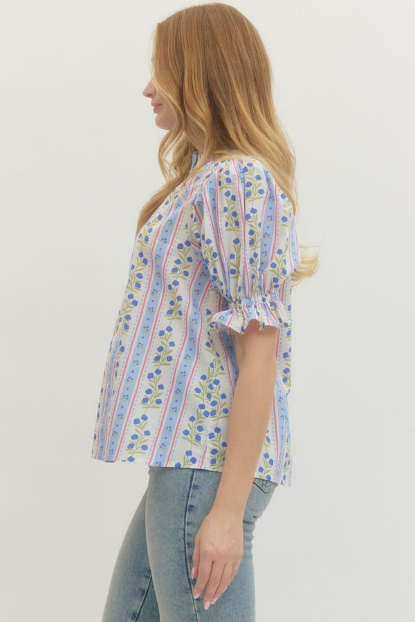Floral Stripe Puff Sleeve Top- Blue