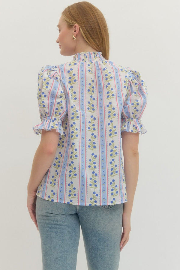 Floral Stripe Puff Sleeve Top- Blue