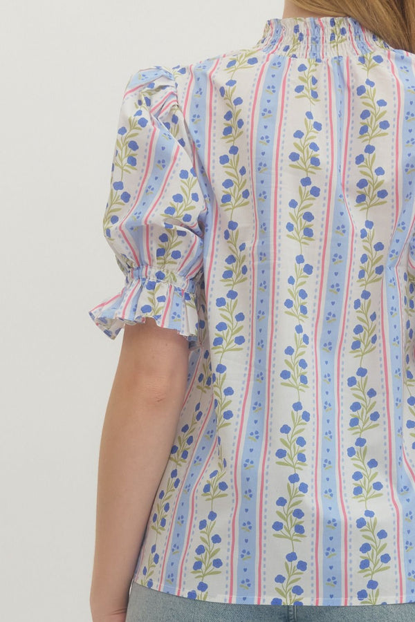 Floral Stripe Puff Sleeve Top- Blue