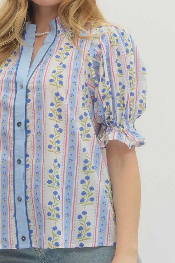 Floral Stripe Puff Sleeve Top- Blue