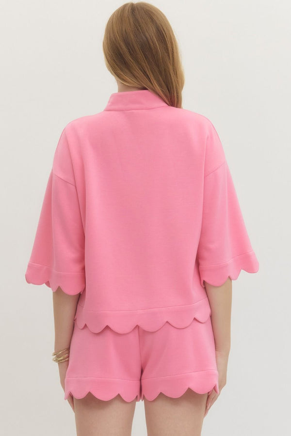 Solid Scalloped V-Neck Short Set- Pink