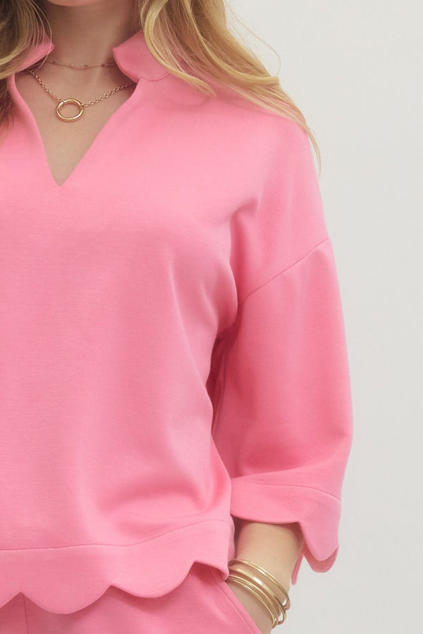 Solid Scalloped V-Neck Short Set- Pink