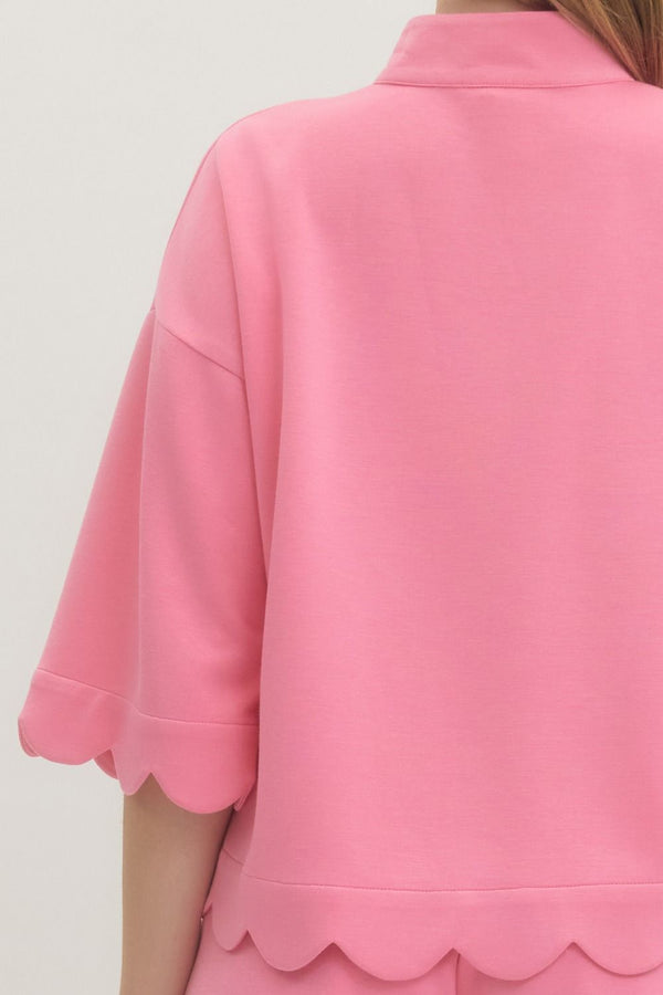 Solid Scalloped V-Neck Short Set- Pink