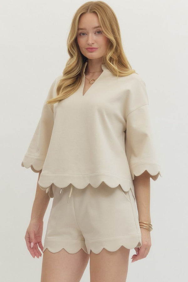 Solid Scalloped V-Neck Short Set- Lt. Taupe