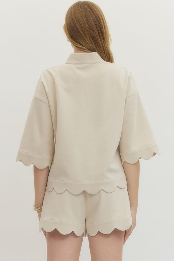 Solid Scalloped V-Neck Short Set- Lt. Taupe