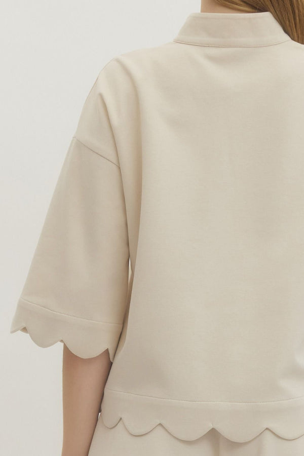 Solid Scalloped V-Neck Short Set- Lt. Taupe