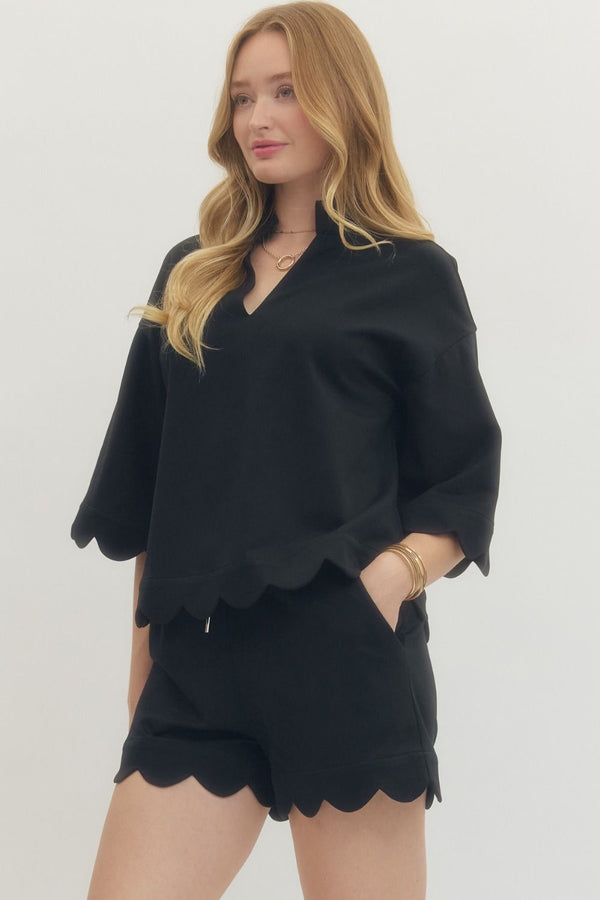 Solid Scalloped V-Neck Short Set- Black