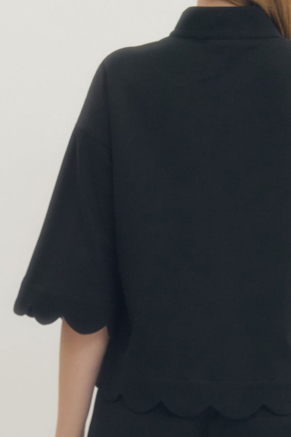 Solid Scalloped V-Neck Short Set- Black