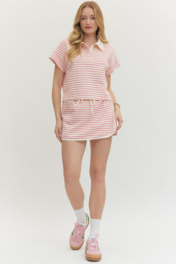 Striped Collar Knit Skort Set- Pink