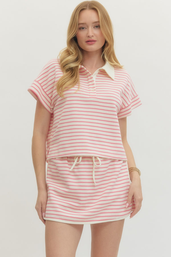 Striped Collar Knit Skort Set- Pink