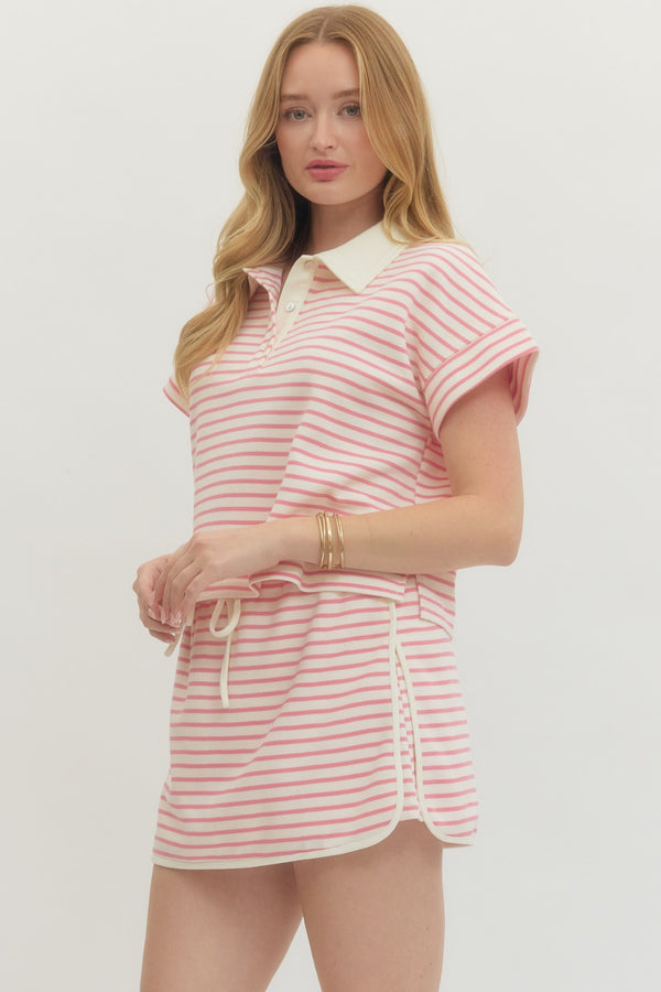 Striped Collar Knit Skort Set- Pink