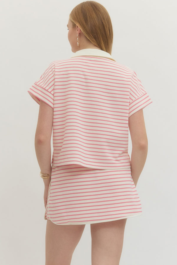 Striped Collar Knit Skort Set- Pink