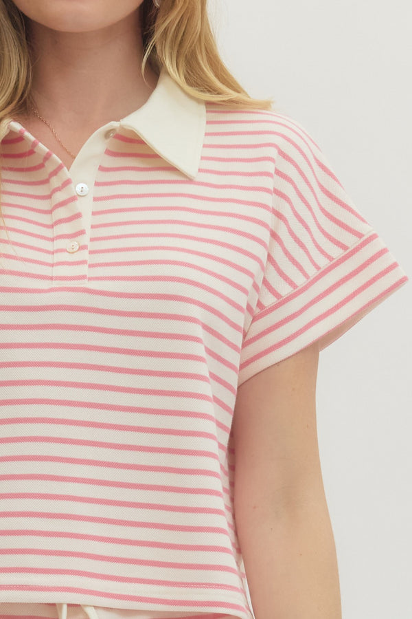 Striped Collar Knit Skort Set- Pink