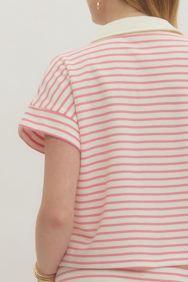 Striped Collar Knit Skort Set- Pink