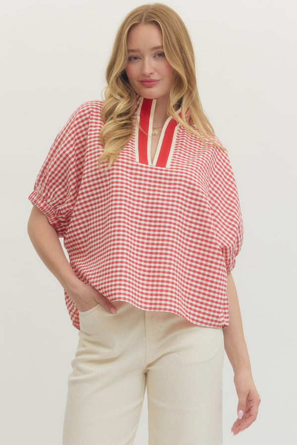 Gingham V-Neck Top- Red