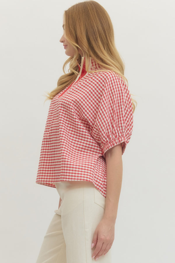 Gingham V-Neck Top- Red