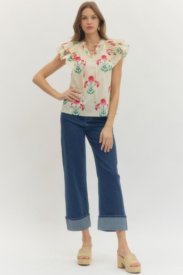 Floral Print Pleated Ruffle Top- Ecru