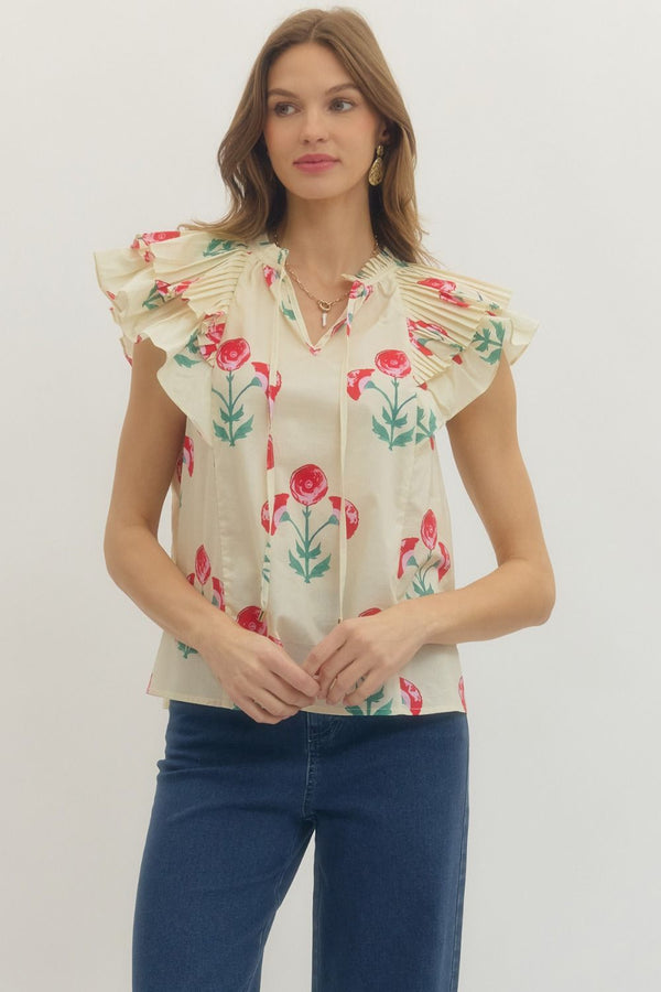 Floral Print Pleated Ruffle Top- Ecru