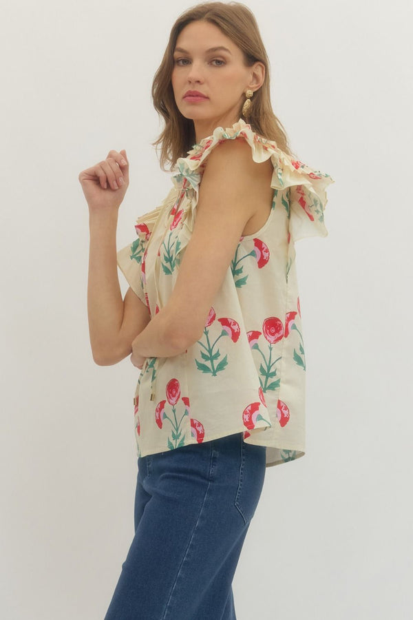 Floral Print Pleated Ruffle Top- Ecru