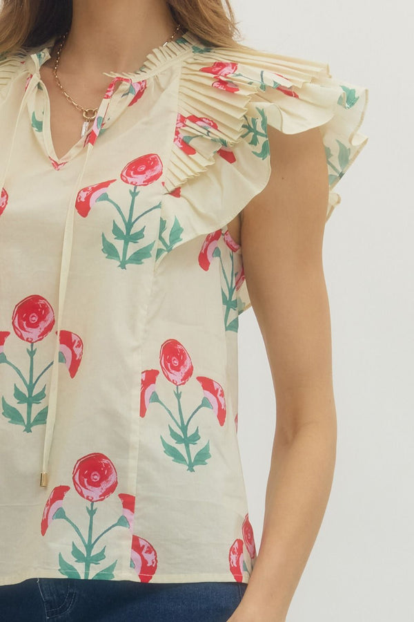 Floral Print Pleated Ruffle Top- Ecru