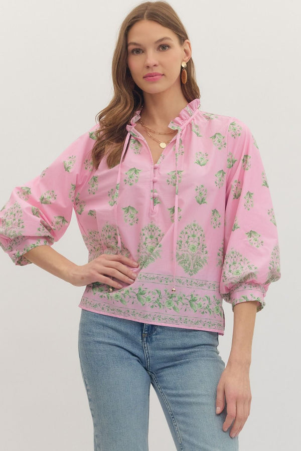 Botanical Print Ruffle Top- Pink