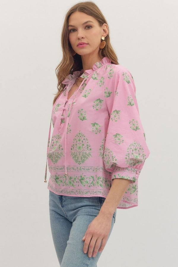 Botanical Print Ruffle Top- Pink