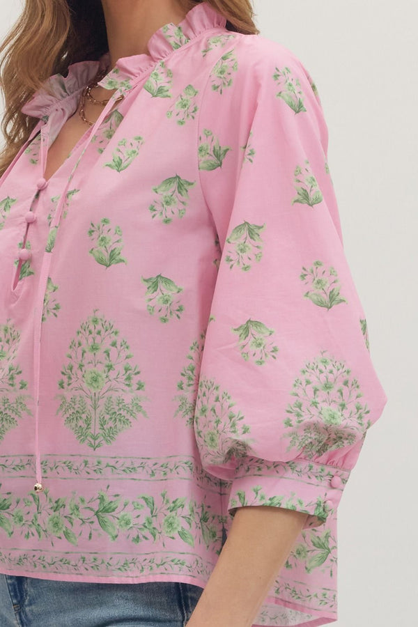 Botanical Print Ruffle Top- Pink