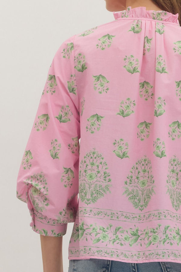 Botanical Print Ruffle Top- Pink