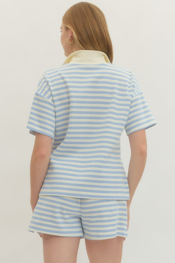 Striped Collar Knit Short Set- Lt. Blue