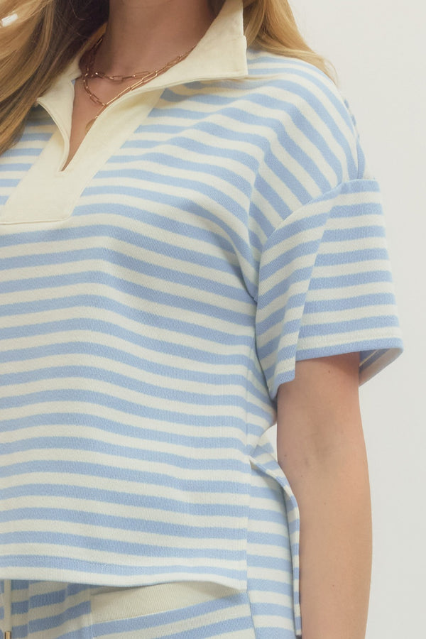 Striped Collar Knit Short Set- Lt. Blue