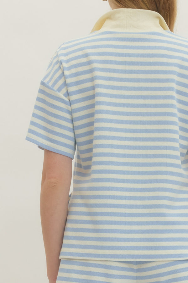 Striped Collar Knit Short Set- Lt. Blue