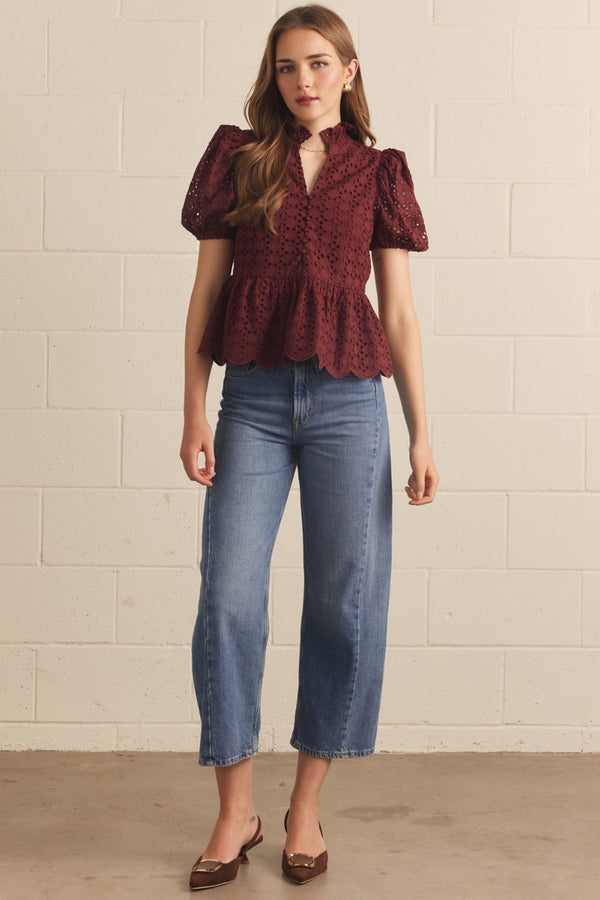 Solid Eyelet Puff Sleeve Top- Burgundy