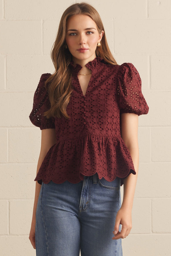 Solid Eyelet Puff Sleeve Top- Burgundy
