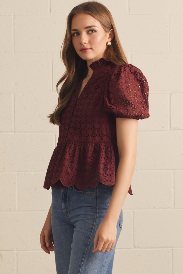 Solid Eyelet Puff Sleeve Top- Burgundy