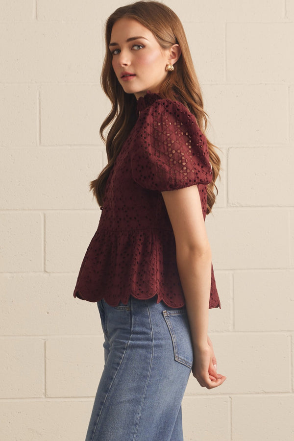 Solid Eyelet Puff Sleeve Top- Burgundy