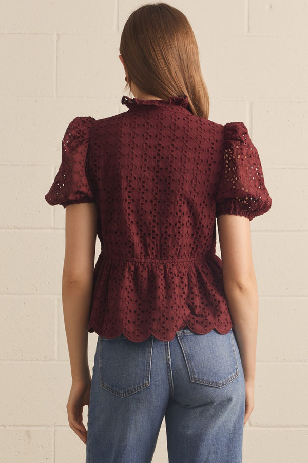 Solid Eyelet Puff Sleeve Top- Burgundy