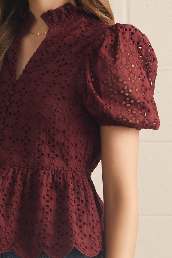 Solid Eyelet Puff Sleeve Top- Burgundy