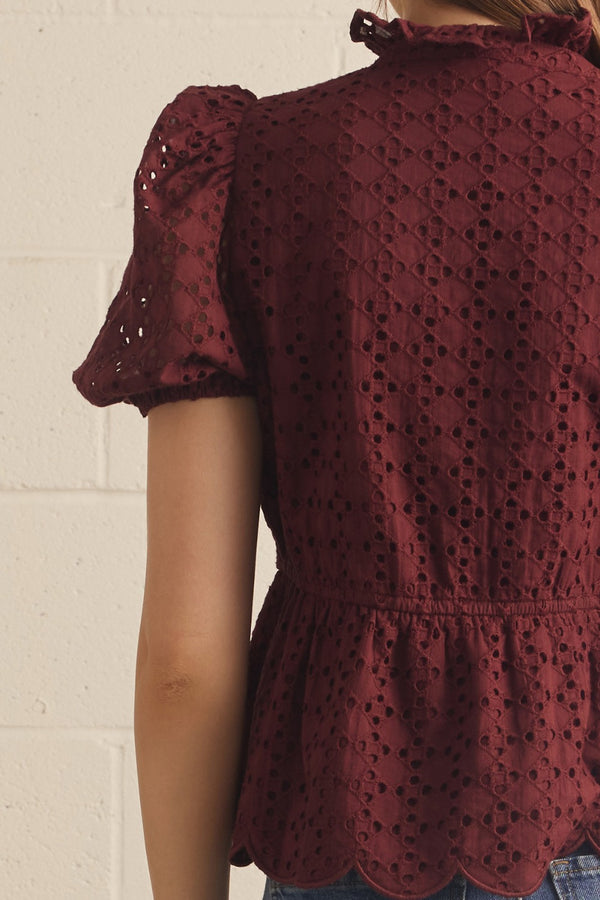 Solid Eyelet Puff Sleeve Top- Burgundy