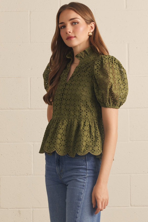 Solid Eyelet Puff Sleeve Top- Olive