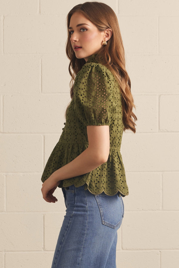 Solid Eyelet Puff Sleeve Top- Olive