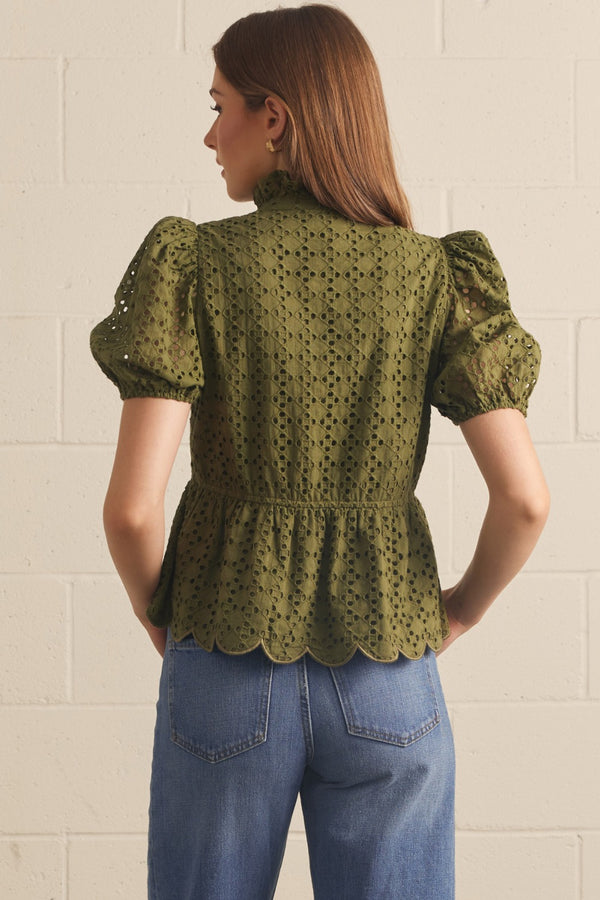 Solid Eyelet Puff Sleeve Top- Olive