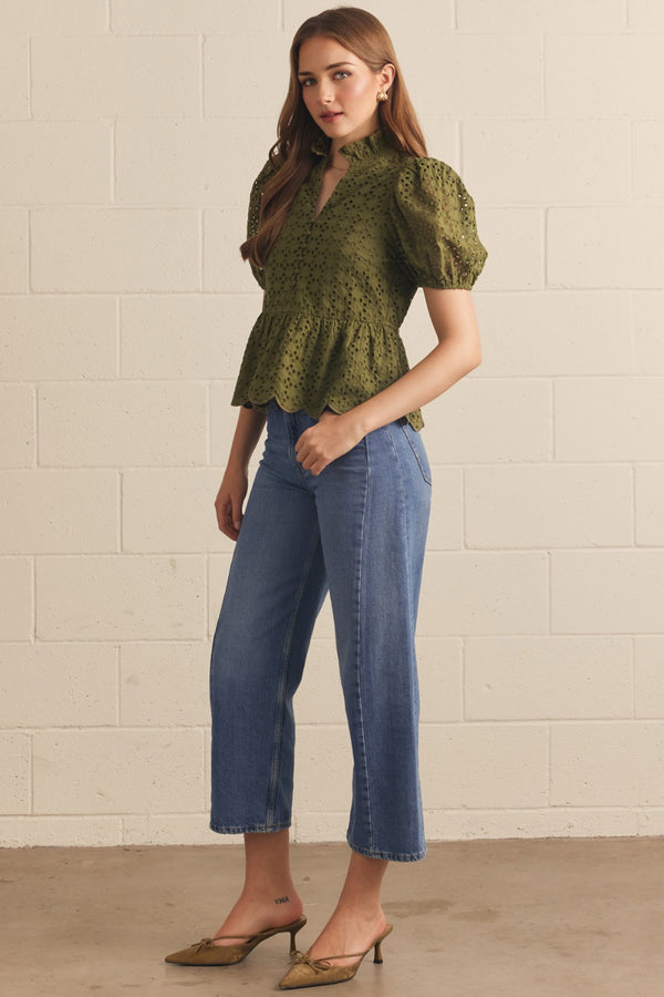 Solid Eyelet Puff Sleeve Top- Olive