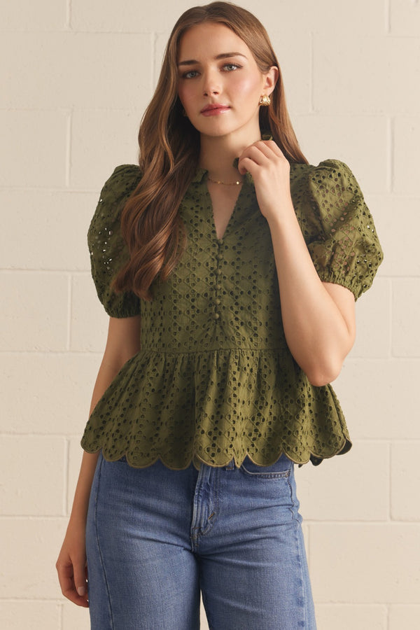 Solid Eyelet Puff Sleeve Top- Olive