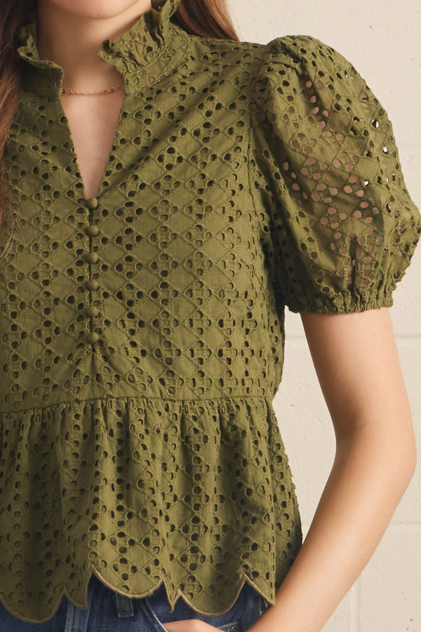 Solid Eyelet Puff Sleeve Top- Olive
